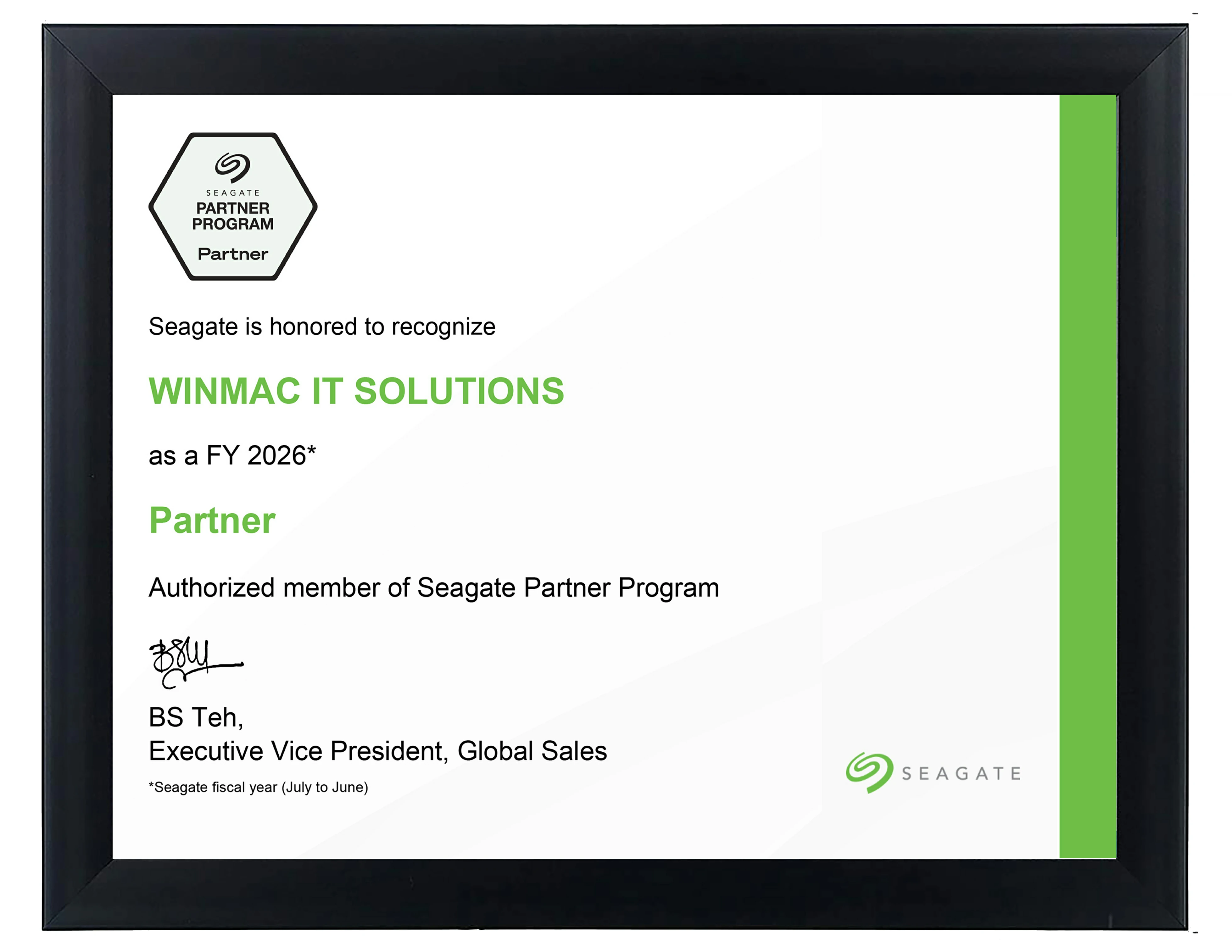 Seagate Partner Program Certificate 2026 WinMac IT Solutions
